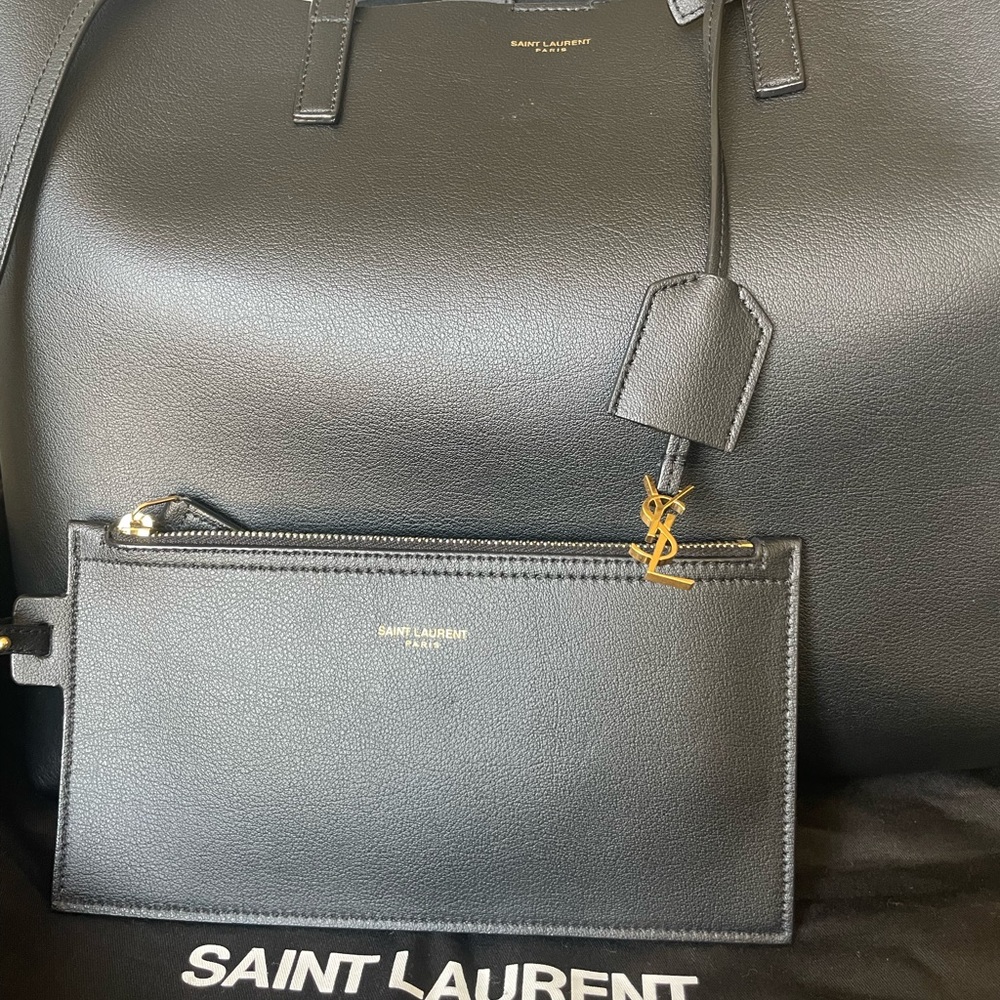 YSL black leather shopping tote